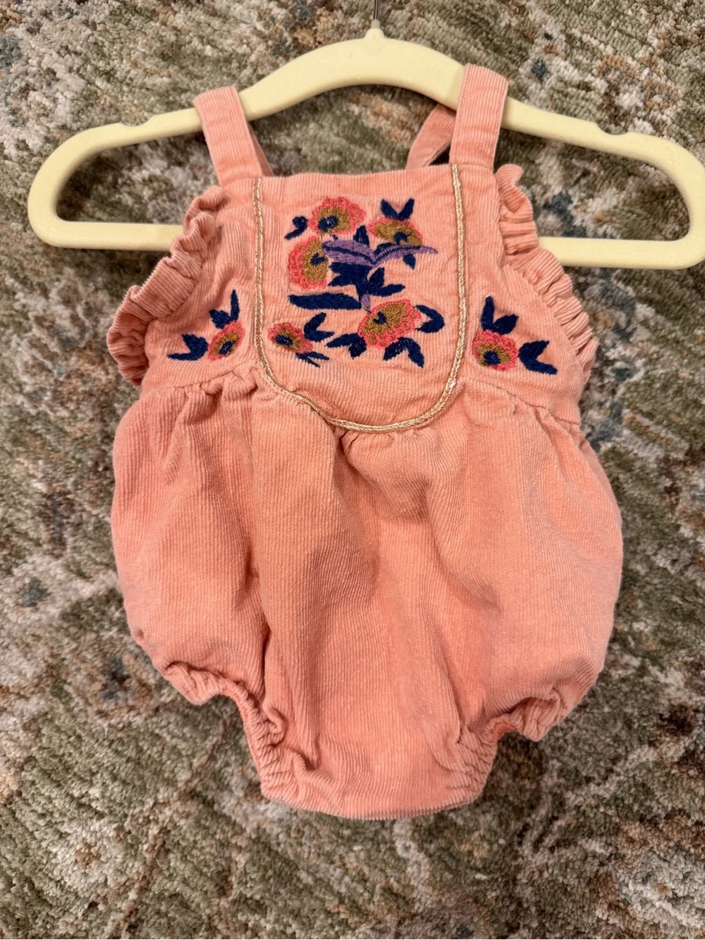 Louise Misha Peach Corduroy Floral-Embroidered Baby Romper 6M